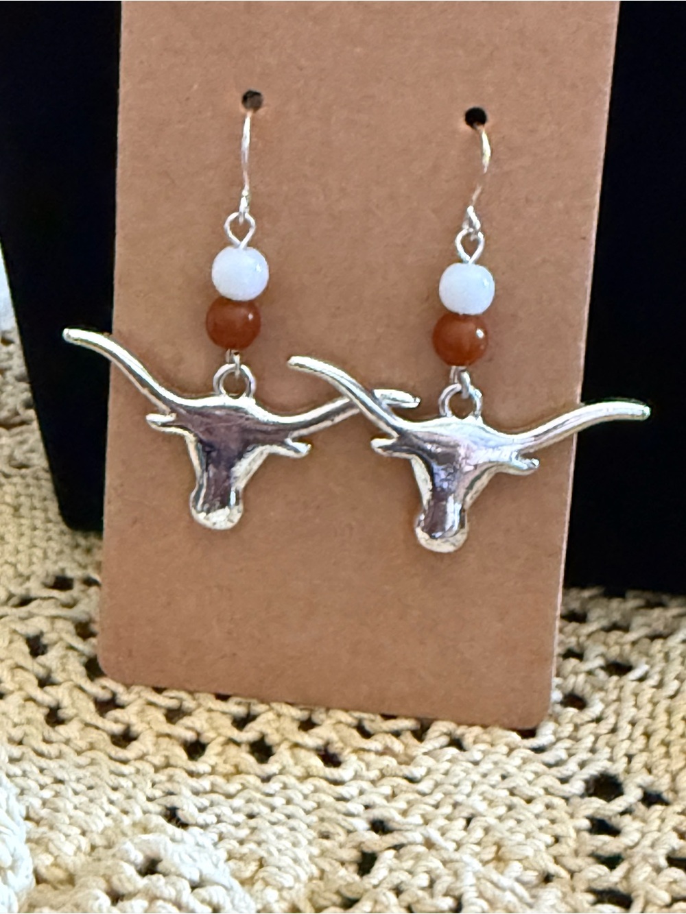 Silver tone Longhorn Dangle Earrings with White and Brown Beads